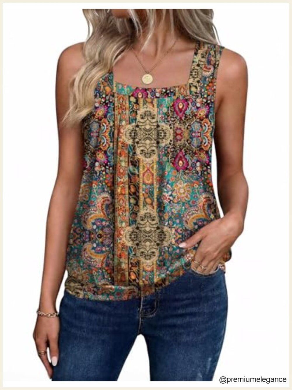 Women's Sleeveless Square Neck Pleated Tank Top Loose Fit Summer